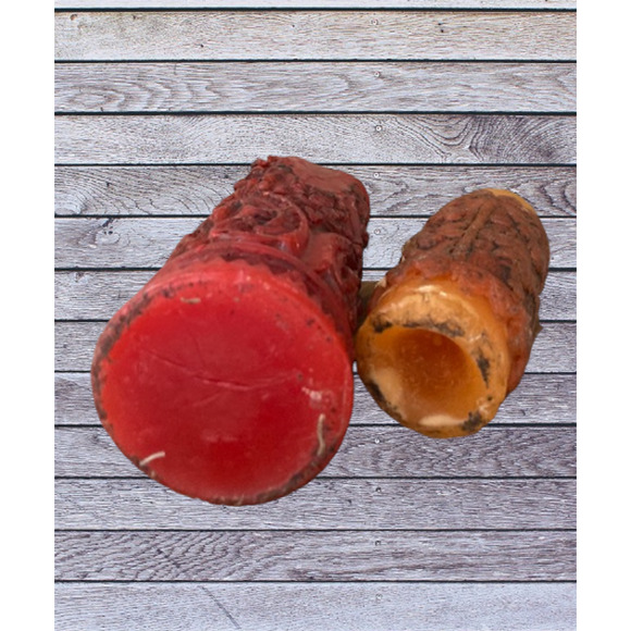 1970's FLORAL Carved Candles - Vintage Red & Orange Brocade Pillar Candles - Picture 6 of 6